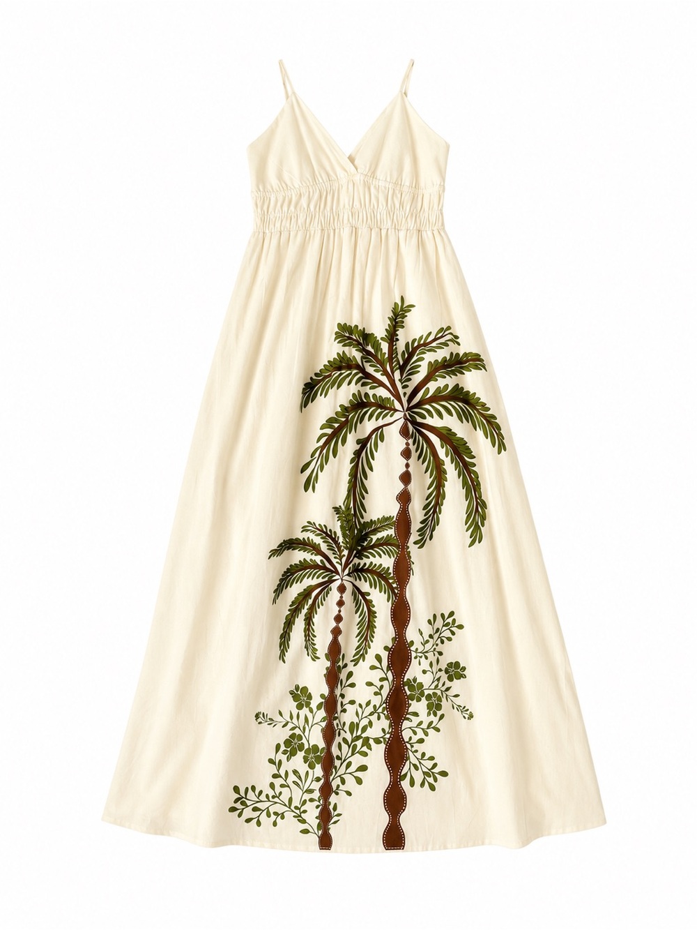Japna Cream Maxi Dress with Green and Brown Palm Print